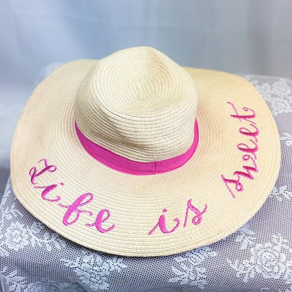 Girls Embroidered Hat Life Is Sweet Floppy Sun Summer Straw Hat Gymboree - Picture 3 of 7